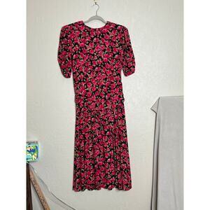 Vintage Jane Singer midi dress size 12 black/pink dropped ruched waist elegant